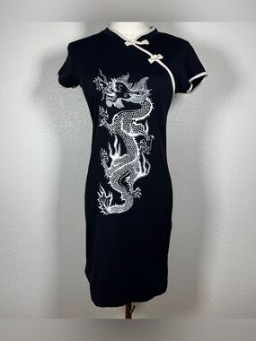 Vtg 02 DNBK Donna Bangkok Dragon Cheongsam Dress Y2K Black White Qipao mall goth